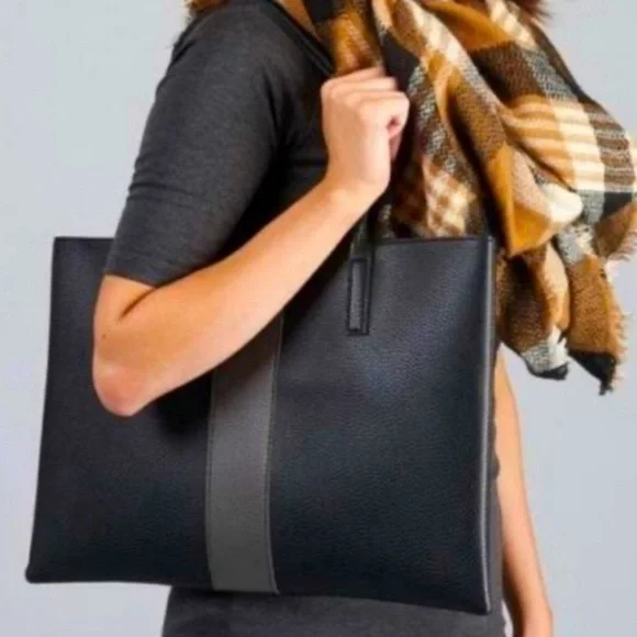 Vince Camuto Sleek Black and Gray Tote with Vertical Stripe - Picture 2 of 6